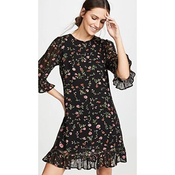 Ganni Black Floral Printed Georgette Mini Dress 36 Sz 4 US - Picture 1 of 10